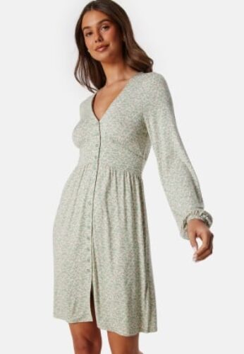 BUBBLEROOM V-neck Short Button Dress Green/Floral XS – 7333340289136