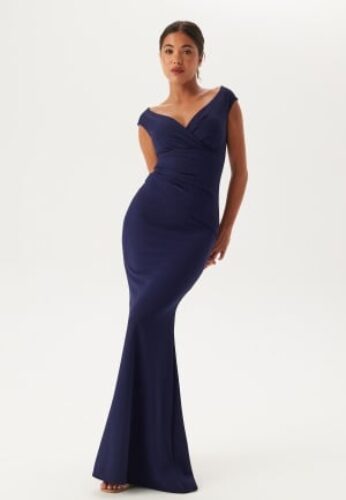 Goddiva Bardot Pleat Maxi Dress Dark blue XXL (UK18) – 5056120250172