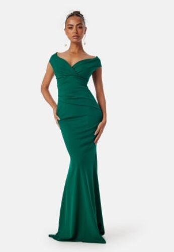 Goddiva Bardot Pleat Maxi Dress Emerald XS (UK8) – 5056120250196