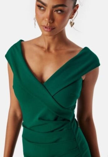Goddiva Bardot Pleat Maxi Split Dress Emerald S (UK10) – 5056120250356