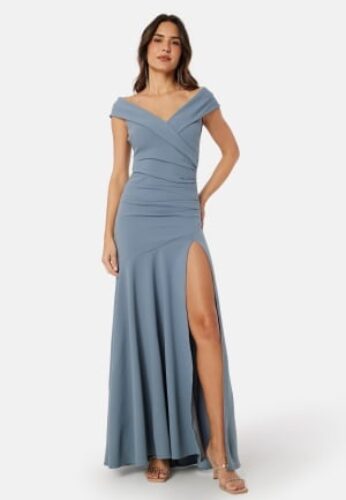 Goddiva Bardot Pleat Maxi Split Dress Light blue S (UK10) – 5056120243938
