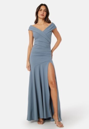 Goddiva Bardot Pleat Maxi Split Dress Light blue XXS (UK6) – 5056120243914