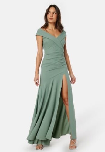 Goddiva Bardot Pleat Maxi Split Dress Light green M (UK12) – 5056120241835