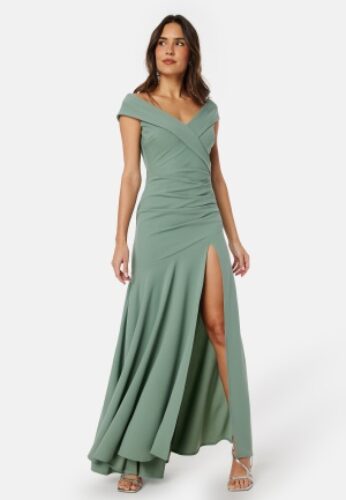 Goddiva Bardot Pleat Maxi Split Dress Light green S (UK10) – 5056120241828