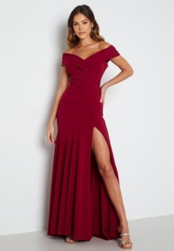 Goddiva Bardot Pleat Maxi Split Dress Wine-red L (UK14) – 5056604724236