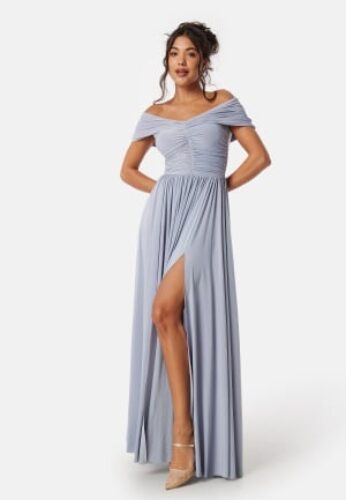 Goddiva Bardot Rouched Maxi Split Dress Light blue XXS (UK6) – 5056120243778