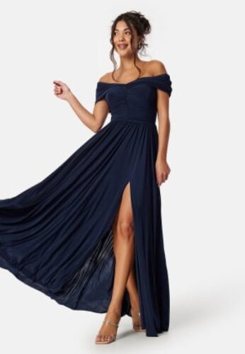 Goddiva Bardot Rouched Maxi Split Dress Navy S (UK10) – 5056120243808
