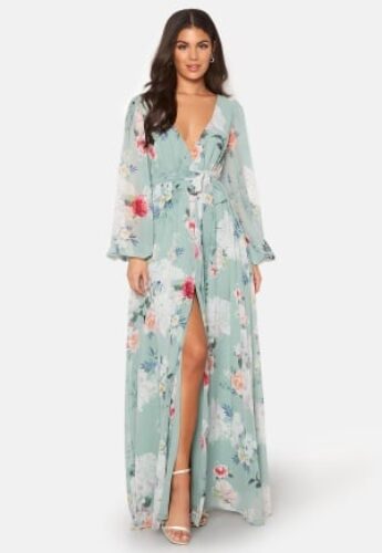 Goddiva Floral Long Sleeve Chiffon Maxi Dress Green XS (UK8) – 5056120243648
