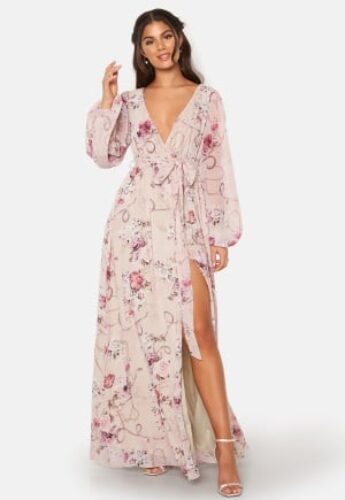 Goddiva Floral Long Sleeve Chiffon Maxi Dress Latte XS (UK8) – 5056120243716
