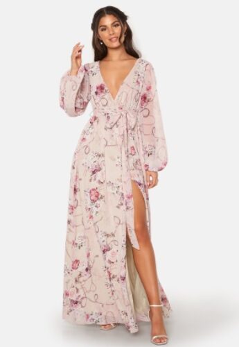 Goddiva Floral Long Sleeve Chiffon Maxi Dress Latte XXS (UK6) – 5056120243709