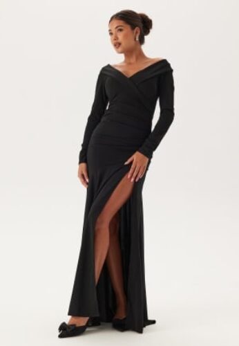 Goddiva Long Sleeve Bardot Pleat Maxi With Split Black XS (UK8) – 5056120253807