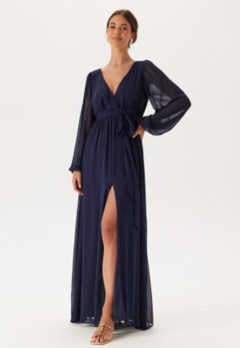 Goddiva Long Sleeve Chiffon Dress Navy M (UK12) – 5056120243525