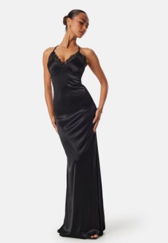 Goddiva Satin Lace Trim Maxi Dress Black L (UK14) – 5056120231911