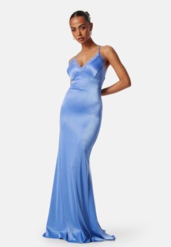 Goddiva Satin Lace Trim Maxi Dress Cornflower Blue L (UK14) – 5056120231867