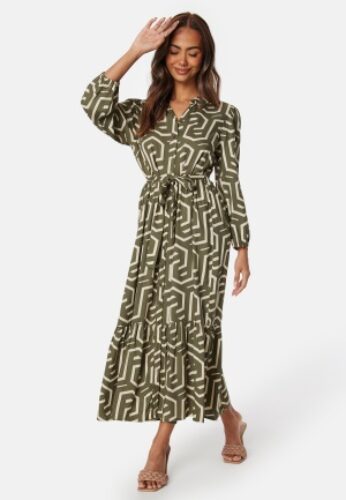 Happy Holly Viscose Shirt Dress Khaki green/Cream 48/50 – 7333340272794
