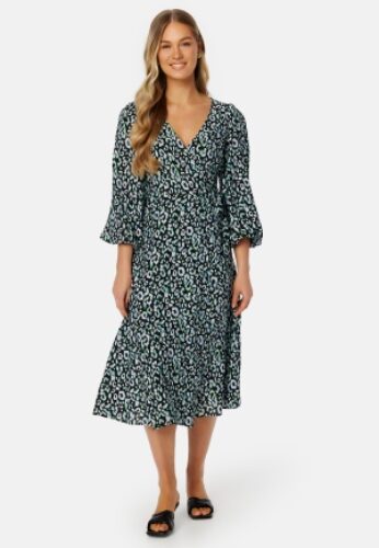 Object Collectors Item Leonora Wrap Midi Dress Black AOP:FERN GREEN 36 – 5715357092190