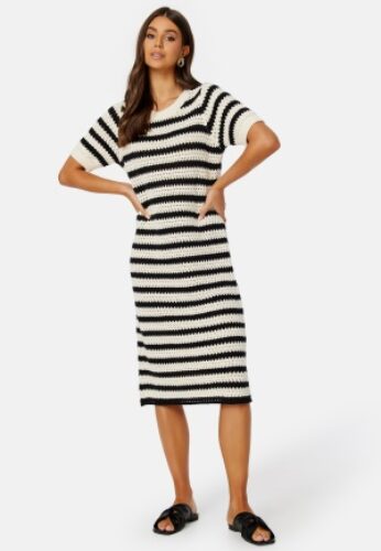 SELECTED FEMME Alby SS Long Knit Dress Birch Stripes:BLACK S – 5715370760830