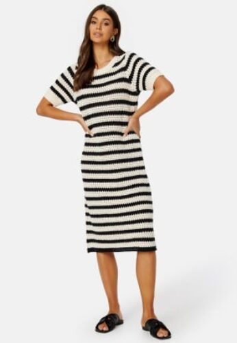 SELECTED FEMME Alby SS Long Knit Dress Birch Stripes:BLACK XS – 5715419177506