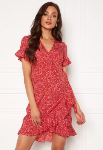 VERO MODA Henna 2/4 Wrap Frill Dress Goji Berry AOP:White S – 5715367402286