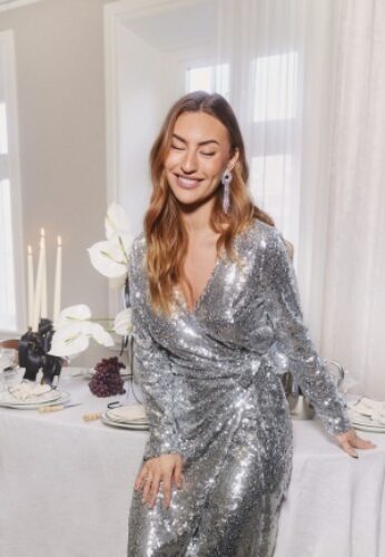 VILA Juliana Wrap Midi Sequins Dress Silver Colour XS – 5715358779939