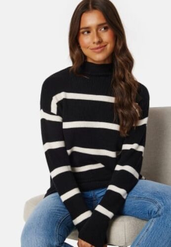 VILA Ril Mockneck L/S Knit Rib Top Black/White/Striped XS – 5715358417626